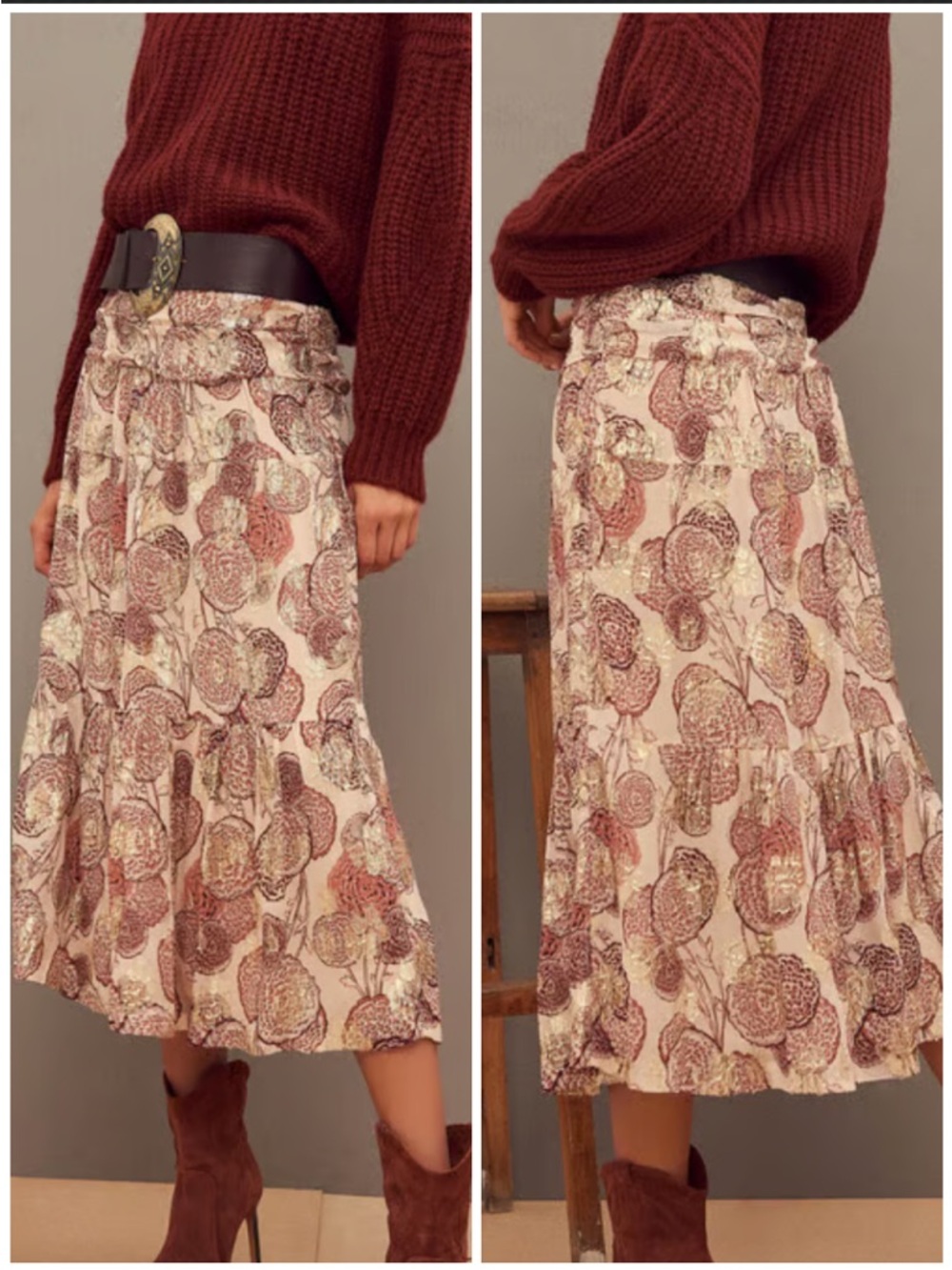 ba&sh Heidi Midi Skirt Floral Metallic Gold Thread A-Line Parisian Medium